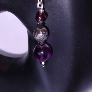 Purple Drop Earrings With Gray and Burgundy Beads Handmade 2.25  inches